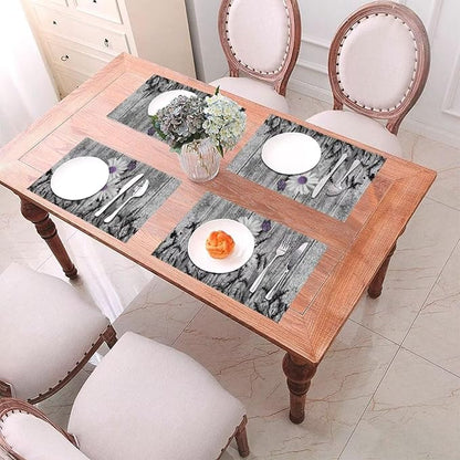 Placemats Set of 6 Rustic Floral Place Mats Farmhouse Daisy Woven Table Mats Washable Purple White Flower PVC Placemat for Dining Kitchen Decor Indoor Outdoor, 12 x 18 Inch