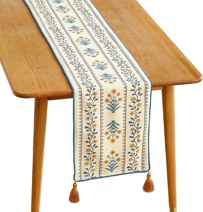 Designer French Linen Extra Long Table Runner, Pale Yellow Floral Pattern by Isaennehomedecoration