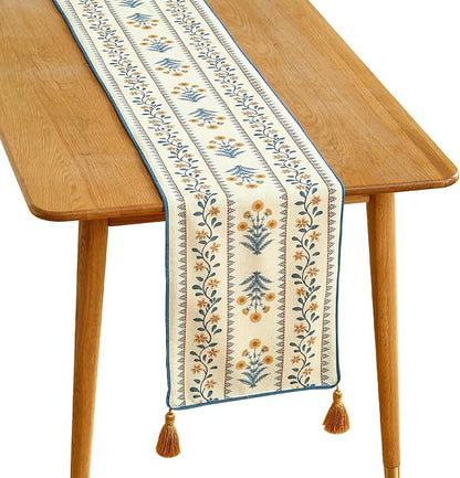 Designer French Linen Extra Long Table Runner, Pale Yellow Floral Pattern by Isaennehomedecoration