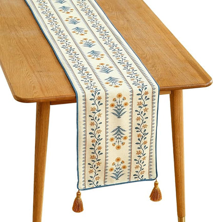 Designer French Linen Table Runner, Pale Yellow Floral Pattern, Dining Table by Isaennehomedecoration