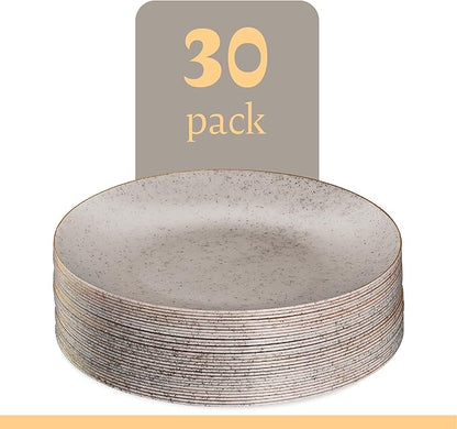 PLASTICPRO 30 Pack Disposable Plastic Plates Heavyweight Granite Look Elegant 10 inch Dinner Plates Grey with Gold Rim