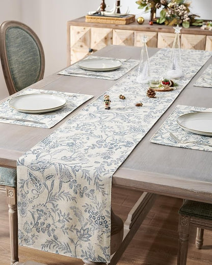 jinchan Blue Floral Linen Table Runner 13 x 72 Inch Farmhouse | by JINCHAN