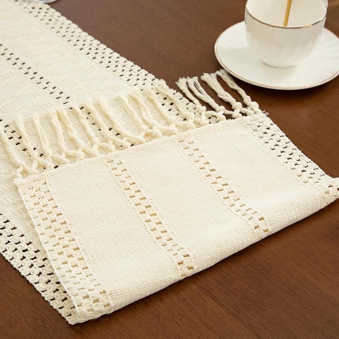 Boho Cream Table Runner, 12x108 Inches | Tassels, Summer Farmhouse, Woven - Image 4