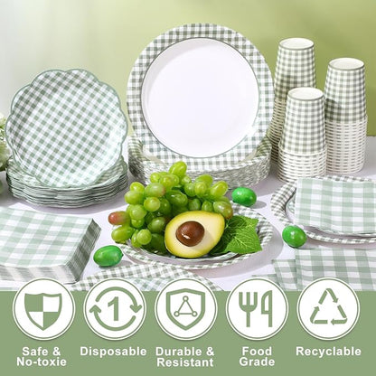 Funnymoom 250 Pcs Sage Green Gingham Paper Plates and Napkins Party Supplies - Image 4