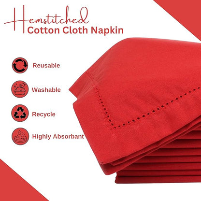 Lightnpro Christmas Red Cotton Napkins Set of 12, Beautiful Handmade Hemstitched Dinner Cloth Napkins, Washable and Reusable for Dining, Parties, Weddings, Holiday & Everyday Use - 18x18 Inch Red