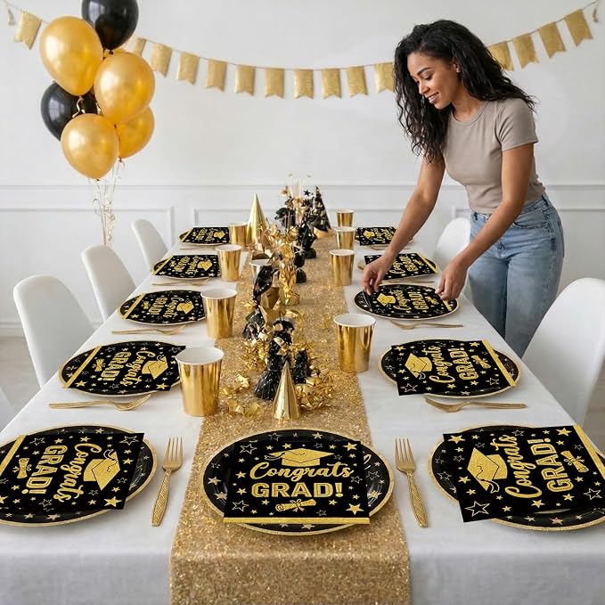 100 Pcs Graduation Party Supplies Set, Serves 25 – Disposable Black and Gold - Image 5