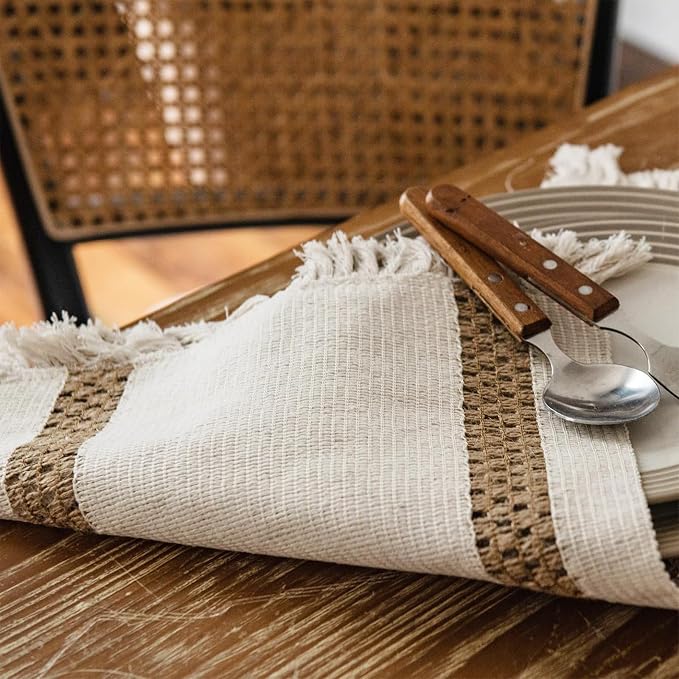 Boho Placemats Set of 4, 12x18 Inch Natural Cotton Burlap and Kitchen Woven - Image 4