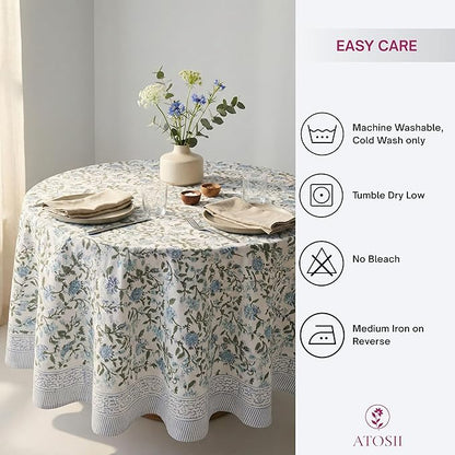 ATOSII Mahoka Blue 100% Cotton Round Tablecloth, Block Print Floral Table Cloth for Dining, Parties, Weddings, Outdoors, Holidays I 90" Inches, 6 Seater I Grandmillennial Farmhouse Boho Summer