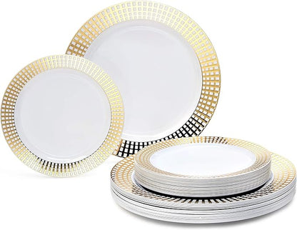 OCCASIONS 240 Plates Pack,(120 Guests) Premium Wedding Party Disposable Plastic Plates Set -120 x 10.25'' Dinner + 120 x 7.5'' Salad/Dessert Plate (Princess White/Gold)