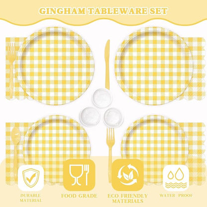 Vyntra 350 Pcs Yellow & White Checkered Gingham Paper Plates and Napkins Set - Image 5