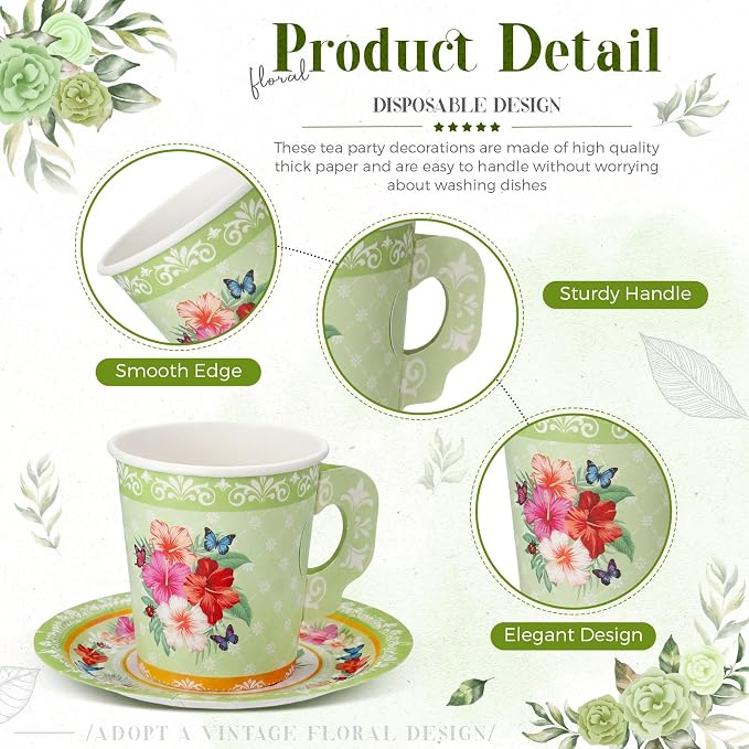 Nuogo 200 Pcs Floral Paper Tea Cups and Saucers 7 oz Disposable Paper Teacups - Image 2