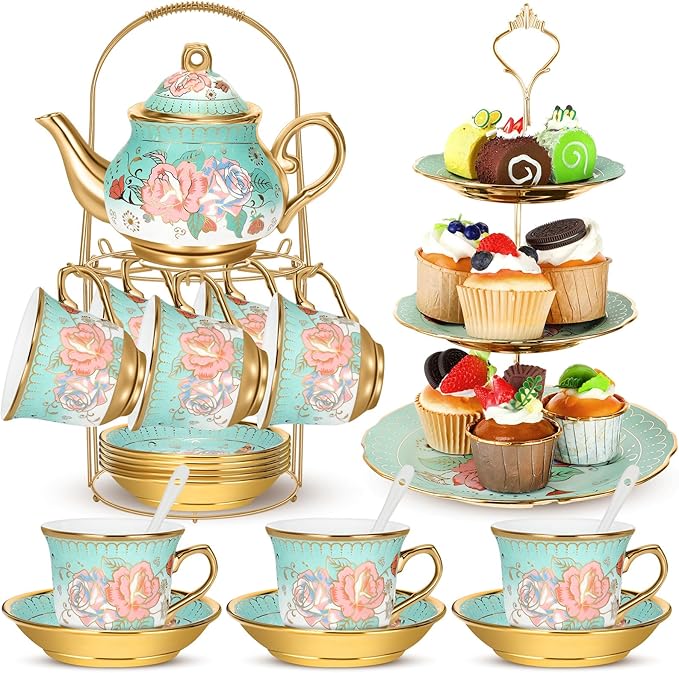 21 Pcs Ceramic Teapot Set Vintage Porcelain Tea Cups by Suttmin
