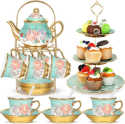 21 Pcs Ceramic Teapot Set Vintage Porcelain Tea Cups by Suttmin