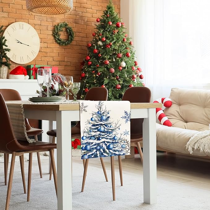 Winter Trees Ball Table Runner Frosty Roses Burlap Table Runners, Christmas - Image 7