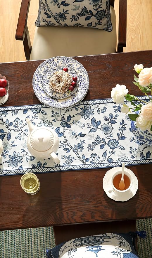 bilin gaier Designer French Linen Long Table Runner, Floral Pattern, Dining - Image 7