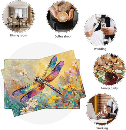 Dragonfly Placemats Set of 6, Dragonfly Flower Table Mats, Floral Washable Place Mats for Coffee Bar Home Party Indoor Kitchen Dining Table Decoration 12x18 Inch