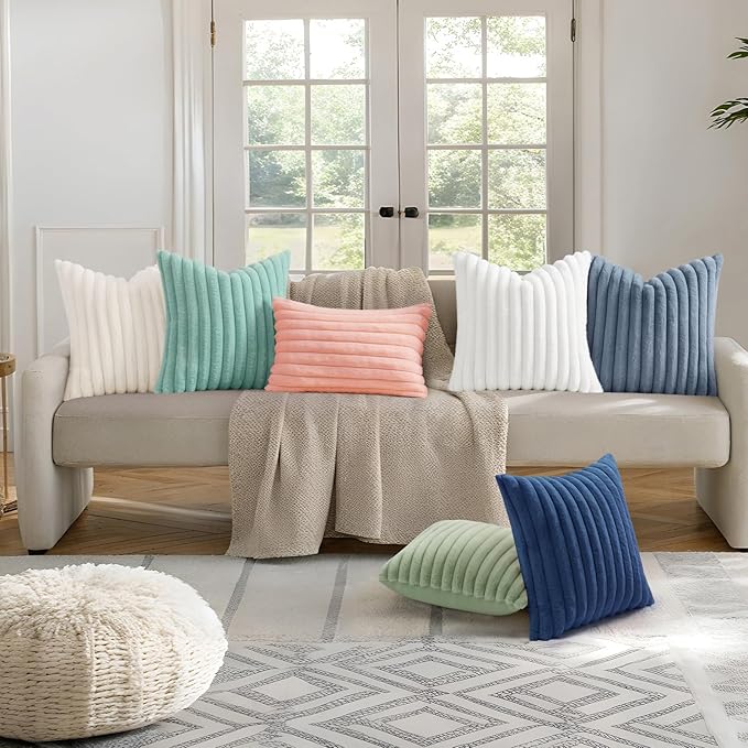 decorUhome Cozy Faux Fur Throw Pillow Covers 24x24 Set of 2 Decorative Soft Plush Striped Modern Farmhouse Boho Couch Euro Sham Pillow Cases with Velvet Back for Sofa Bed Living Room, Aqua