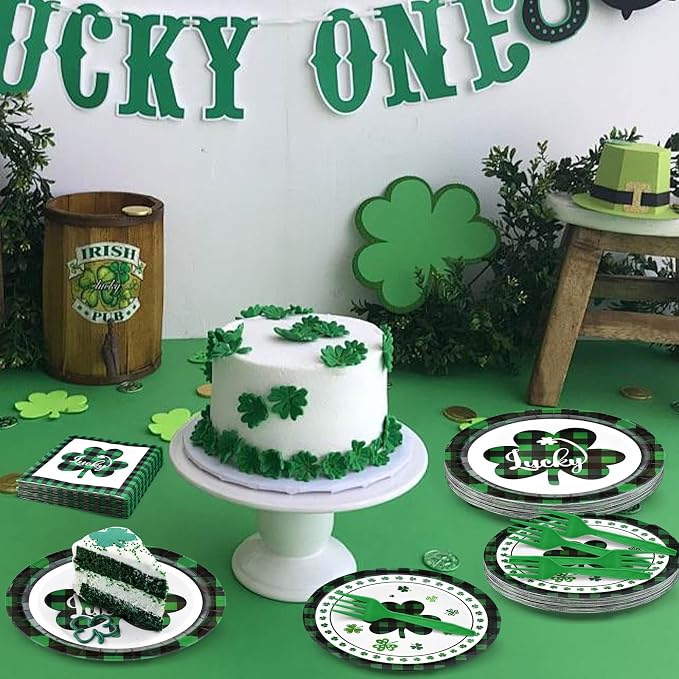 96 Pieces St. Patrick’s Day Tableware Set – Green and Black Plaid Shamrock - Image 5