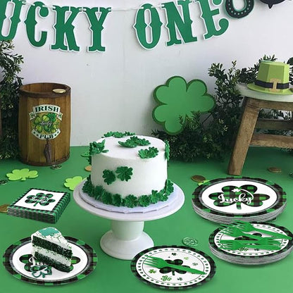 96 Pieces St. Patrick’s Day Tableware Set – Green and Black Plaid Shamrock - Image 5