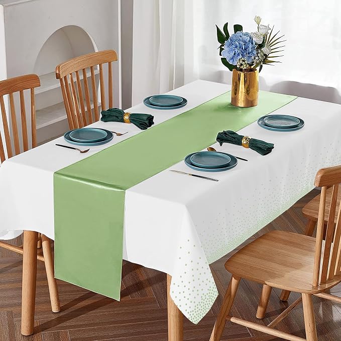 16Pack Plastic Tablecloths and Satin Table Runner Set Disposable White and Sage - Image 5