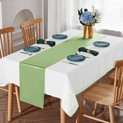 16Pack Plastic Tablecloths and Satin Table Runner Set Disposable White and Sage - Image 5