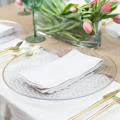 PARTY BARGAINS 13-Inch Charger Plates - 48 Pack, Hammered Clear Gold Rim, Heavy-Duty Disposable Chargers for Elegant Dining - Ideal for Weddings and Formal Events
