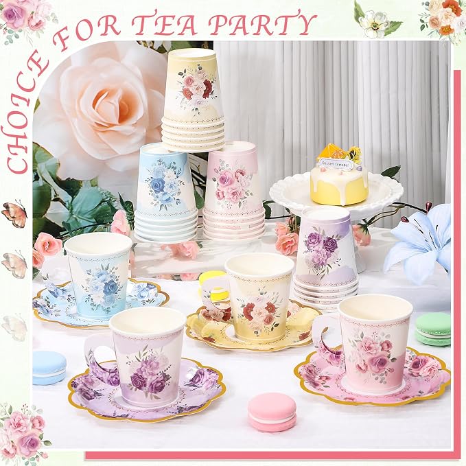 24 Sets Disposable Paper Tea Cups 7 OZ Floral Tea Party Cups | - Image 4
