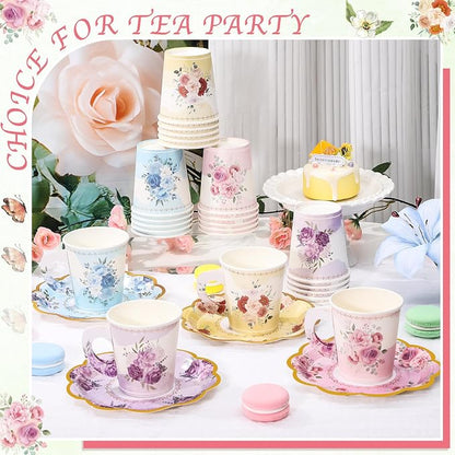 24 Sets Disposable Paper Tea Cups 7 OZ Floral Tea Party Cups | - Image 4