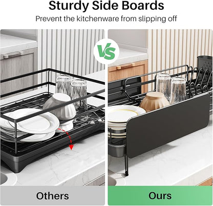 SNTD Dish Drying Rack - Large Dish Racks for Kitchen Counter, Expandable Dish Drainers with Cutlery Holder Stainless Steel Rustproof, Black