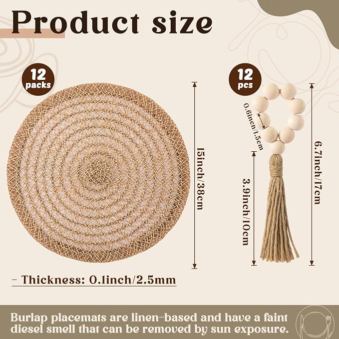 24 Pcs 15'' Burlap Boho Woven Placemat Wood Bead Napkin Rings - Image 2
