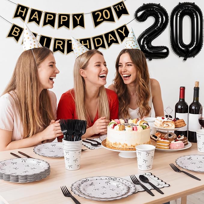 Natnarr 25 Set Black Bow Birthday Decorations Cute Bow Plates Napkins Set | 9" - Image 6