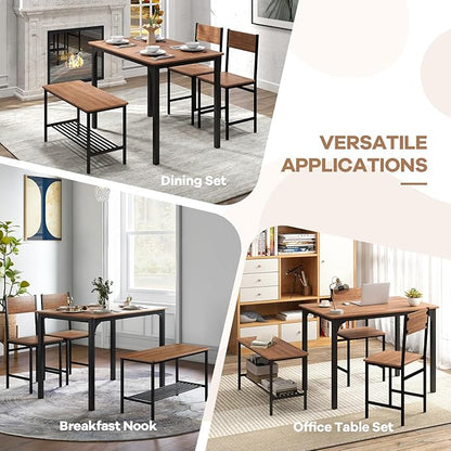 NAFORT Dining Table Set for 4 with Bench, Industrial Kitchen Table and Chairs, Rustic Brown Wood & Black Metal 4-Piece Dining Room Set for Apartment, Small Space, Kitchen, Restaurant