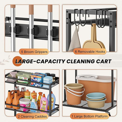 Broom Holder with Cleaning Supplies Organizer, Broom Closet Storage Cabinet with Mop Hanger Gripper Rack Hooks, Cleaning Housekeeping Janitorial Cart with Cleaning Caddy, Laundry Room Organization