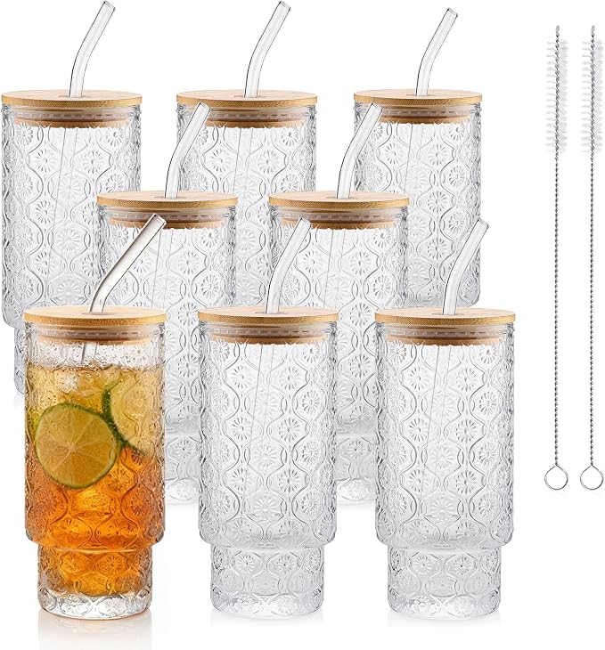 Vintage Glass Cups With Bamboo Lids And Straws 16 Oz, Vintage Tumbler Embossed by Elitrivox