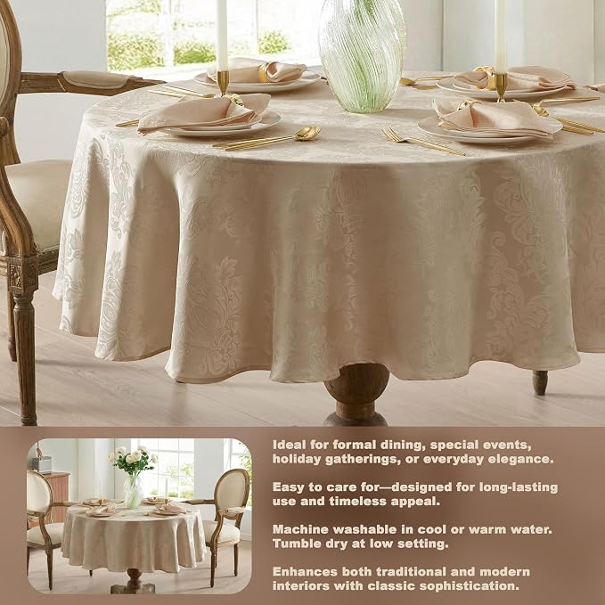 Newbridge Barcelona Luxury Damask Fabric Tablecloth, 108” Round, 100% Polyester - Image 3