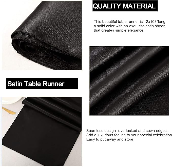 Black Satin Table Runners 10 Pack 12x108 inch Silk Smooth Fabric | Bright Satin - Image 6