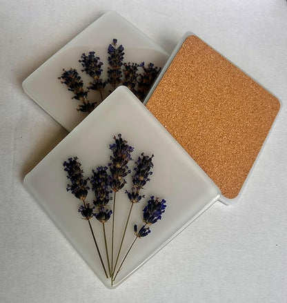 Handcrafted Pressed Lavender Resin Coasters White with Cork Base, Decorative Table Protection (2, Square)
