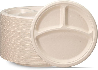 GUSTO [10 Inch - 125 Count Heavy-Duty 100% Compostable, 3 Compartment Eco-Friendly, Kraft Disposable Sugarcane Paper Plates - Brown Unbleached (Formerly Comfy Package)