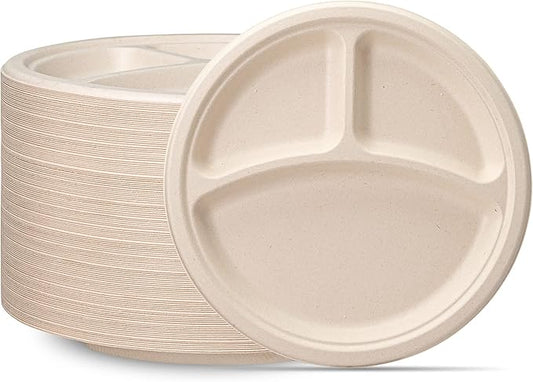 GUSTO [10 Inch - 125 Count Heavy-Duty 100% Compostable, 3 Compartment Eco-Friendly, Kraft Disposable Sugarcane Paper Plates - Brown Unbleached (Formerly Comfy Package)