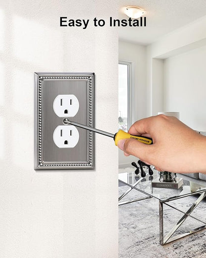 6-Pack Duplex Outlet Cover, Antique Silver Metal Wall Plates for Electrical Outlets, 1 Gang Receptacle Light Switch Cover, Pearls Beaded Decorative Switch Plates and Outlet Covers