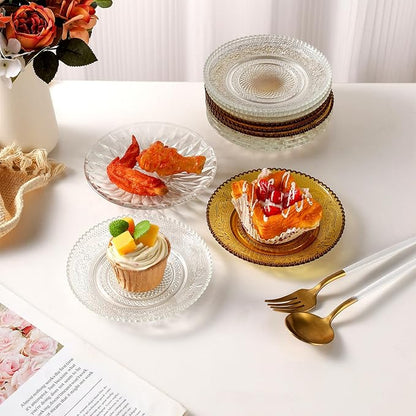 WHJY 6 Inch Clear Glass Plates 4 Pack Vintage Dinnerware Set Transparent Diamond Textured Dinner Plates for Home Party Wedding Crystal Glass Dishes for Fruit Salad Appetizer Dessert