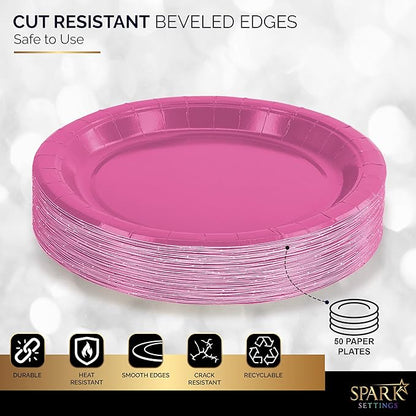 Disposable Paper Plates Bright Pink, 7 Inch Paper Dessert Plates, Strong and Sturdy Disposable Plate for Party, Dinner, Holiday, Picnic, or Travel Party Plate, Pack of 50
