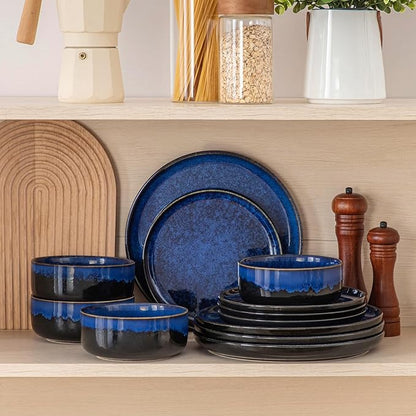 vancasso Starry 12 Pieces Dinnerware Sets for 4, Blue Reactive Glaze Dishes Sets, Ceramic Plates and Bowls Set, Dinner Salad Dessert Plates, and Cereal Bowls Set, Dishwasher and Microwave Safe