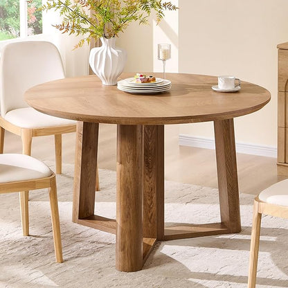 OKD 47" Dining Table for 4-6, Round Dining Room Table with Triangular Structure Pedestal Stable Base, Curved Table Edge, Circle Kitchen Tables for Dining Room, Kitchen, Light Tree Knot