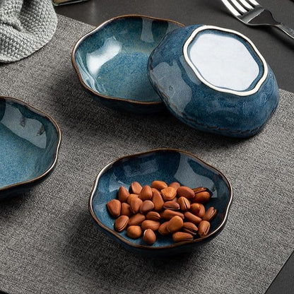 4.4Oz Kiln-Changed Dipping Bowls, 4.3 Inches Ceramic Flower-Shaped Soy Sauce Dishes, Small Appetizer/Side Plates Set of 4 (blue)