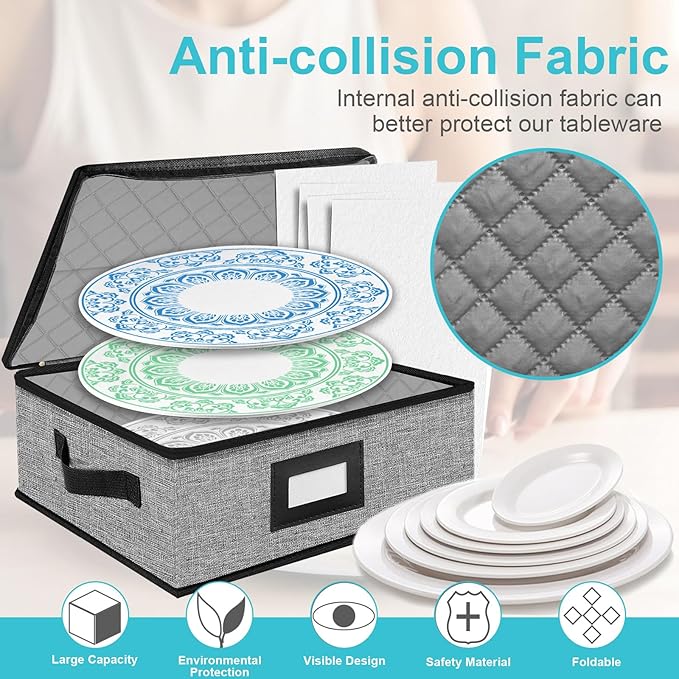 Quilted Platter Storage Case 2PACK-Fine China Storage Containers Hard Shell for Organizing,Stackable Plate Storage Containers with 8 Felt Dividers,dinnerware Storage,Moving Box,Moving Supplies