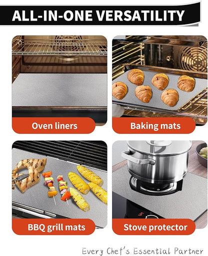 3 Pack Oven Liners for Bottom of Oven, 17x25" Large Heavy Duty Non-Stick Reusable Oven Mat for Electric, Gas, Toaster & Convection Ovens - BPA & PFOA Free, Dishwasher Safe, Kitchen Essentials, Silver