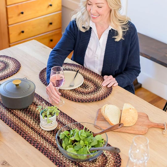 Homespice Prescott Braided Oval Table Runner, Warm Primitive Decor, Black and Red 11x36 - Jute Dining Table Accessories - Rich Colors, Easy to Clean, Durable and Protects Furniture
