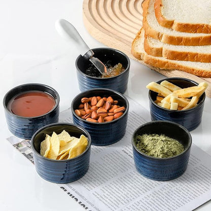 Ceramic 4 oz Ramekins,Small Souffle Dishes Set of 6, Mini Baking Bowls for Kitchen, Porcelain Dipping Sauce Cups for Creme Brulee, Pudding, Ice Cream, Lava Cakes, Microwave & Oven Safe, Blue