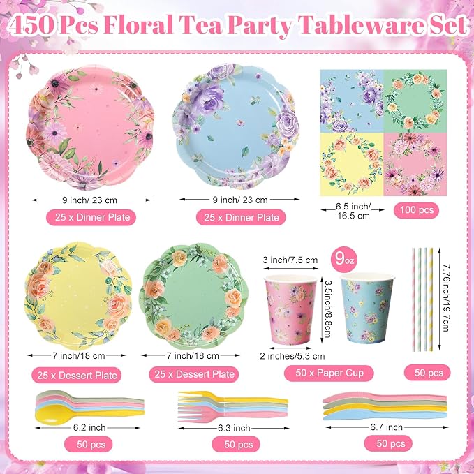 450 Pcs Floral Tea Party Tableware Set Decorations, Serves 50 | Scalloped - Image 2